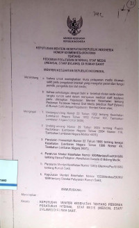 Image of Keputusan Menteri Kesehatan Republik Indonesia Nomor 631/MENKES/SK/IV/2005 Tentang Pedoman Peraturan Internal Staf Medis (Medical Staff By Laws) di Rumah Sakit